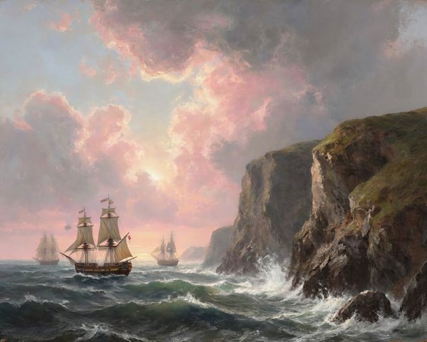 Sailing Ships in Rough Seas Near Rugged Cliffs