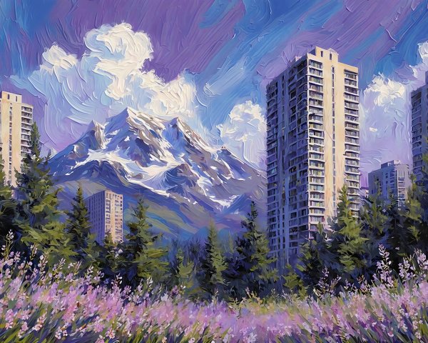 Vibrant Mountain Landscape with Modern Buildings and Lavender