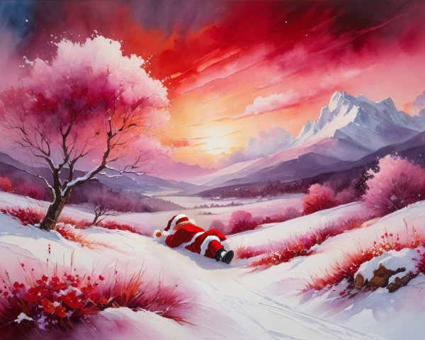 Watercolor Painting of Winter Landscape at Sunset