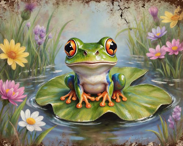 Digital Painting of a Baby Frog on a Lily Pad