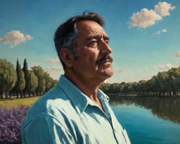 Contemplative Man by Tranquil Lake with Greenery