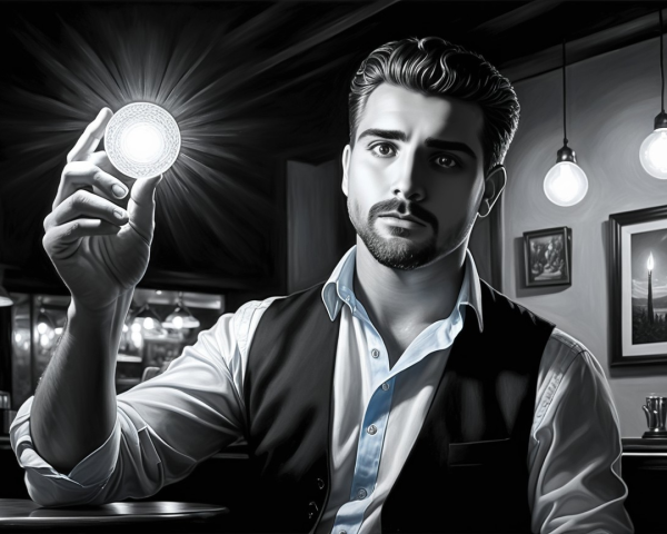 Young man with glowing orb in dimly lit bar setting