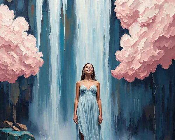 Woman in flowing dress by a waterfall at sunset
