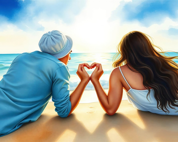 Couple on Beach Forming Heart Shape with Hands