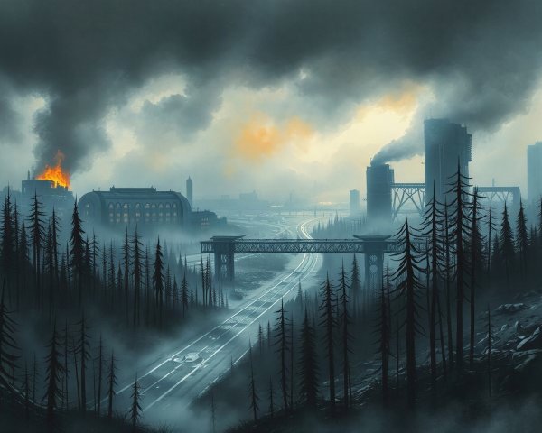 Post-Apocalyptic Cityscape with Ominous Mist and Trees