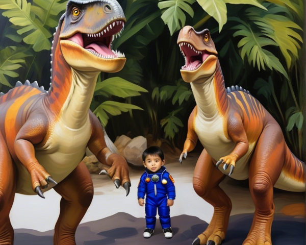 Child in Astronaut Suit Among Dinosaur Statues