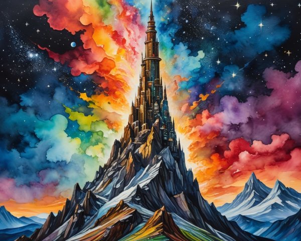 Vibrant Landscape with Towering Mountain and Spire