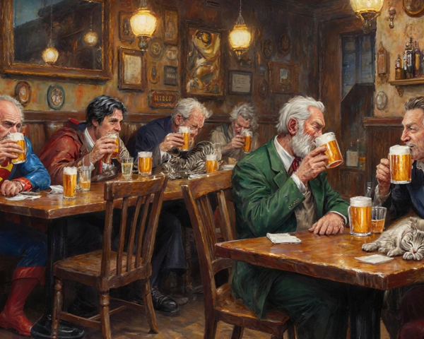 Detailed Oil Painting of a Rustic Pub Scene