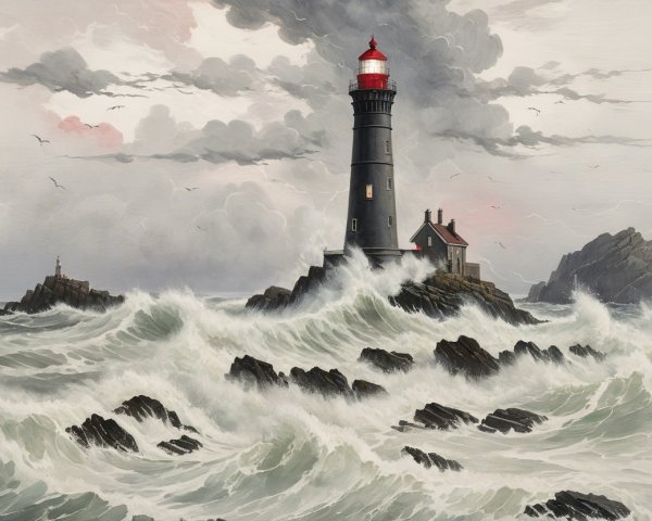 Lighthouse on Rugged Rocks Under Stormy Sky