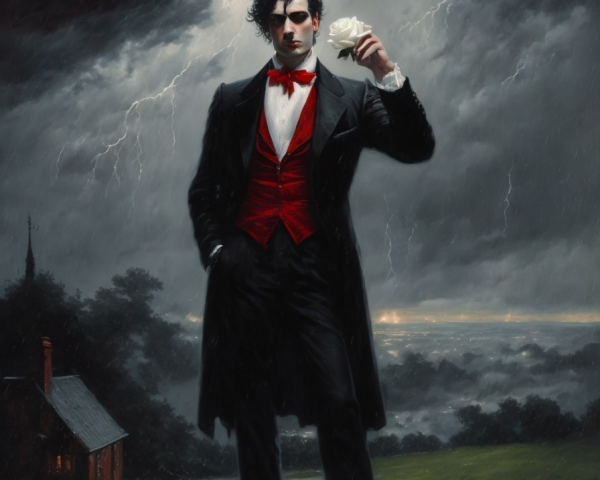 Mysterious Figure in Tuxedo on Stone Pedestal