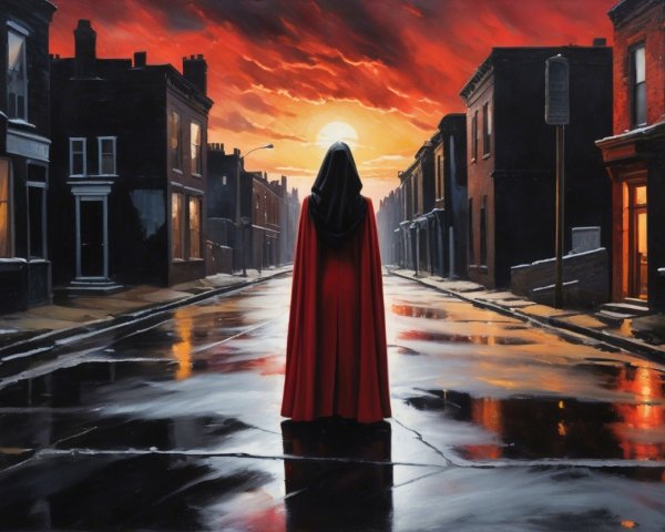 Figure in Red Cloak on Rain-Slicked Sunset Street