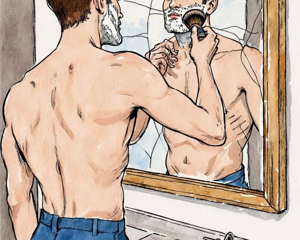 Man in Blue Pants Reflecting in Cracked Bathroom Mirror