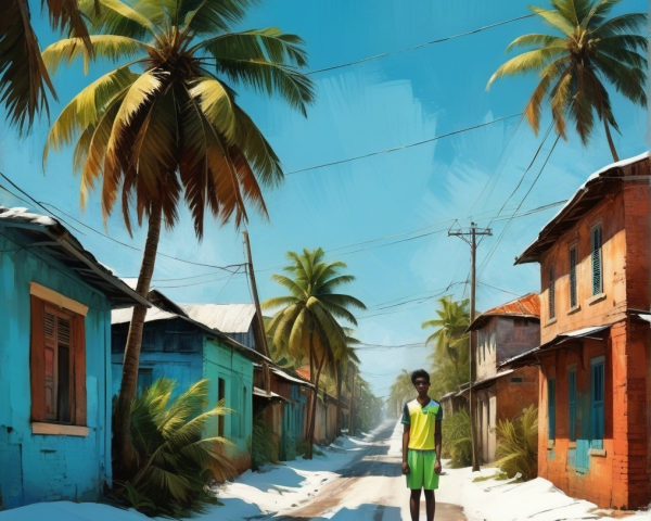 Tropical Scene of a Boy on a Colorful Sandy Street