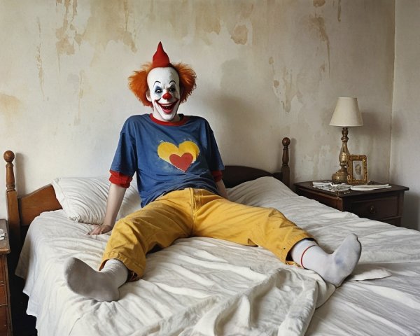 Clown in Colorful Outfit Sitting on a Bed in Room