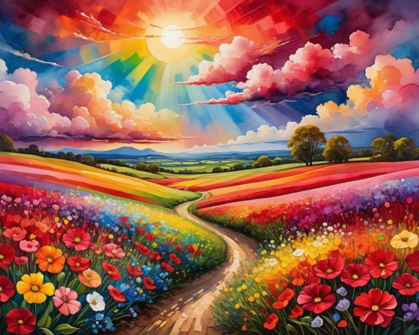 Vibrant Landscape with Colorful Flowers and Sunshine