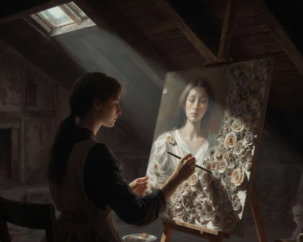 Young woman painting portrait in attic with roses