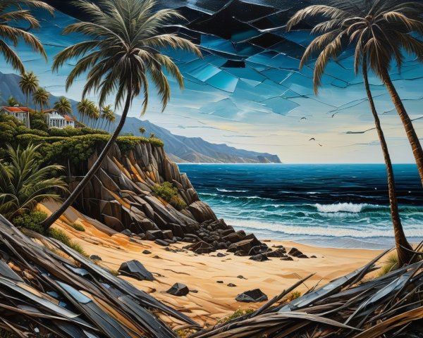 Tropical Beach Scene with Palm Trees and Cliffs