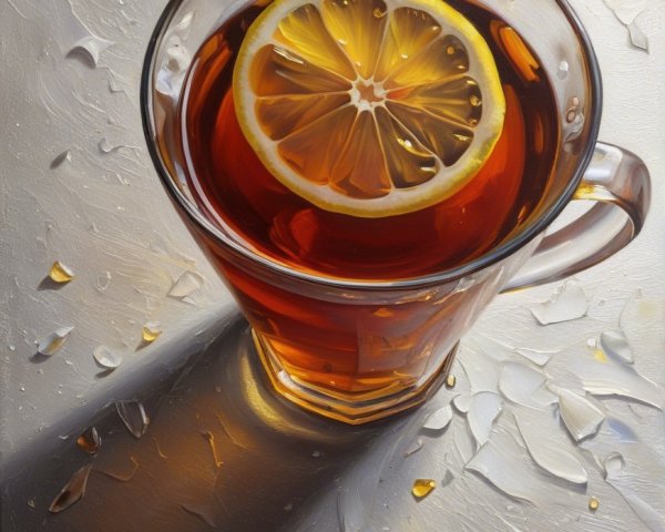 Close-Up of Amber Tea with Lemon Slice in Glass Cup