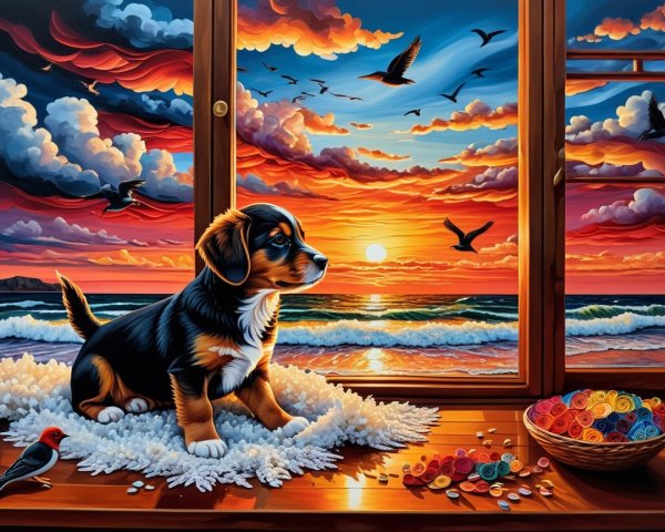 Puppy by Window with Sunset and Colorful Beads