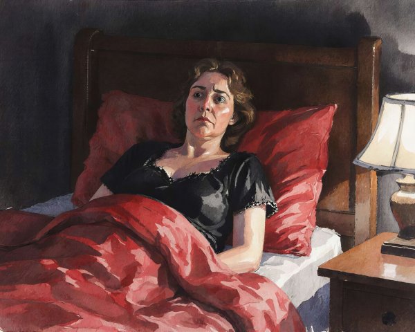 Watercolor Painting of Woman in Bed with Red Sheets