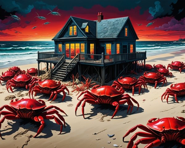 Stylish House on Beach at Sunset with Crabs
