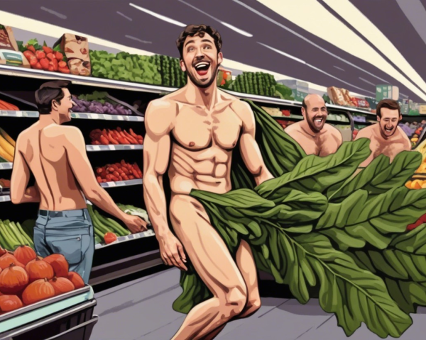 Humorous Interaction Among Four Men in Grocery Store