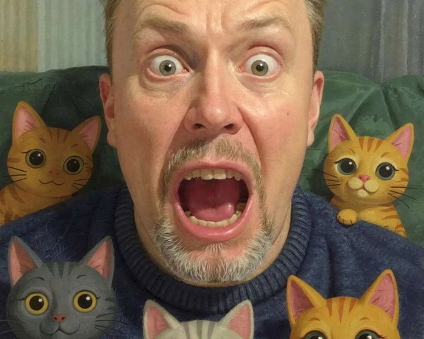 Middle-aged man screaming with colorful cat sculptures