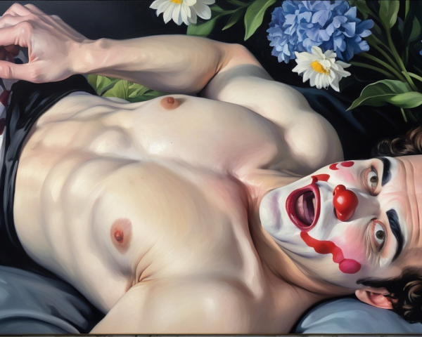 Muscular Male Figure with Clown Face Surrounded by Flowers