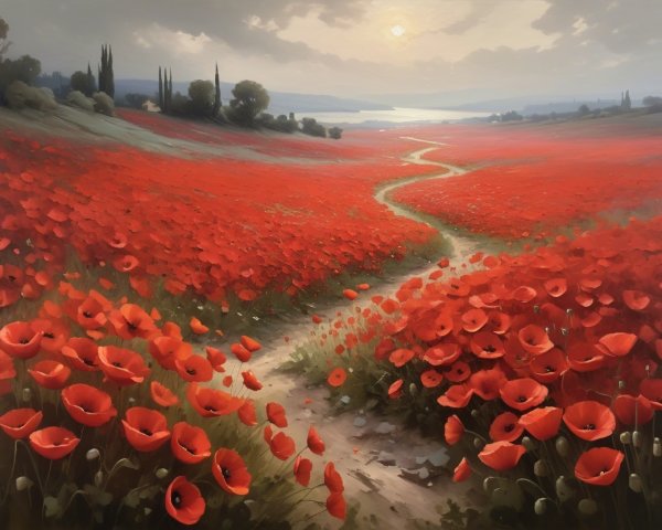 Vibrant Field of Red Poppies with Serene Water View