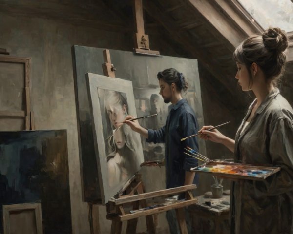 Oil Painting of Artist's Studio with Two Figures