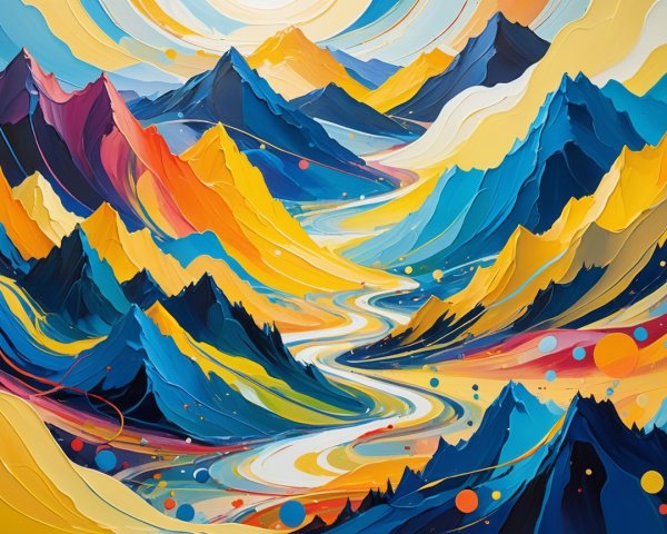 Vibrant Stylized Landscape with Flowing Mountains and River