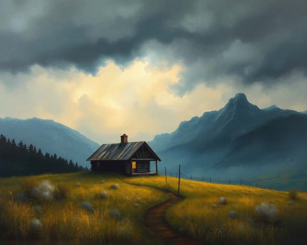 Weathered log cabin on hill with misty mountains