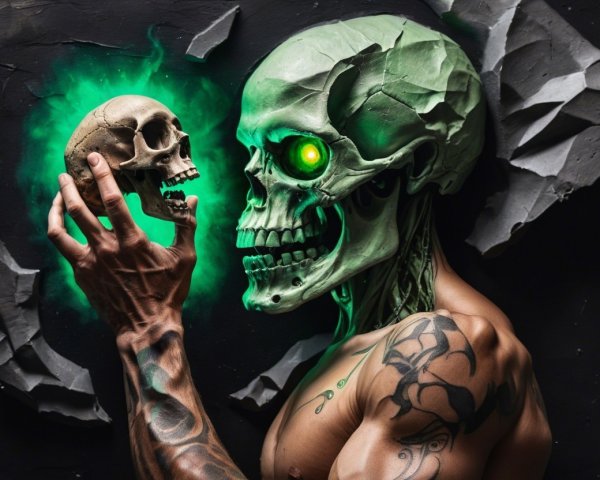 Muscular Figure with Green Glowing Skull and Tattoos