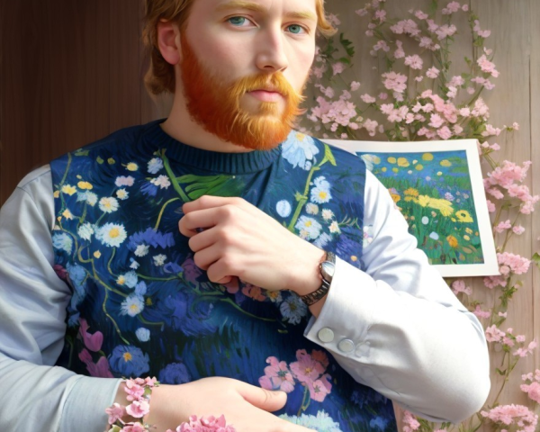 Young man with red beard in floral setting and attire