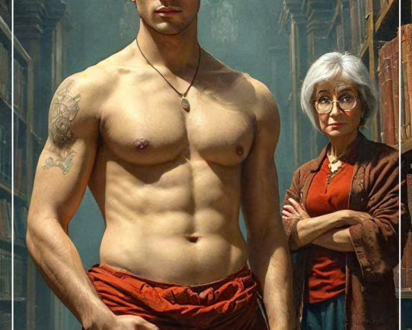 Muscular Young Man and Older Woman in Grand Library