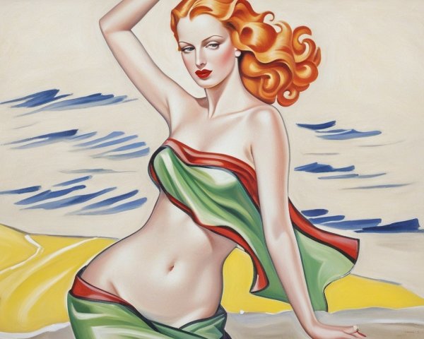 Glamorous Woman with Red Hair at Serene Beach Scene