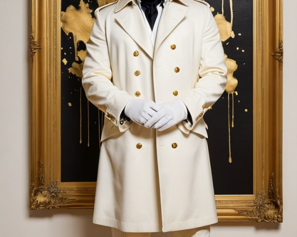 Mysterious Figure in White Coat with Abstract Artwork