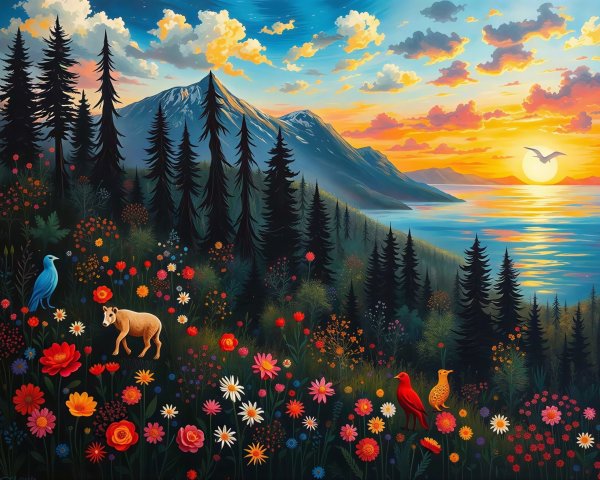 Vibrant landscape painting of a meadow and forest