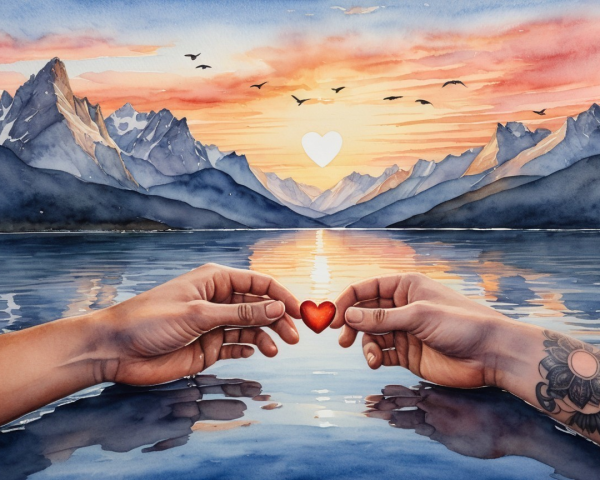 Hands Holding Heart Against Mountain Sunset Background