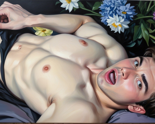 Young man on dark surface with vibrant flowers