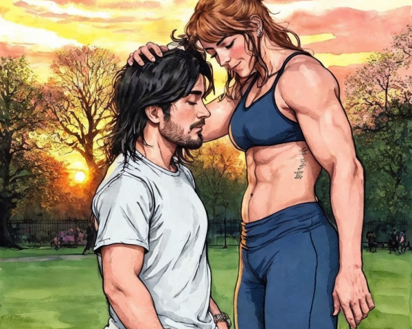 Muscular Woman and Contemplative Man in Sunset Park