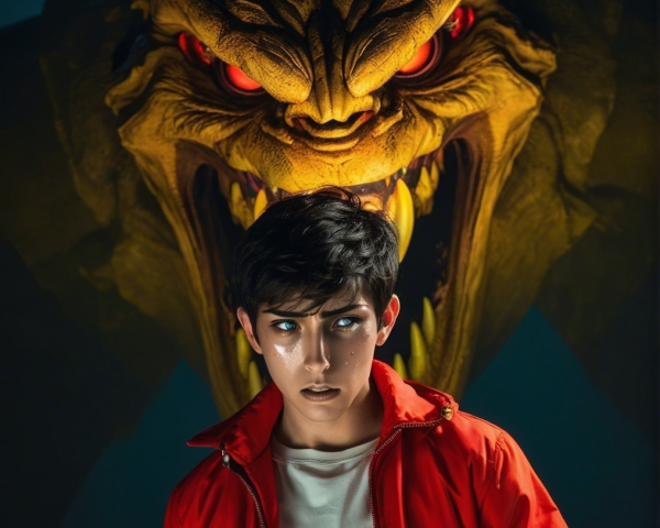 Young Boy in Red Jacket Facing Monstrous Creature