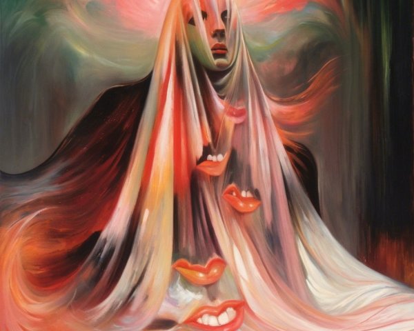 Surreal Figure in Translucent Fabrics with Lips