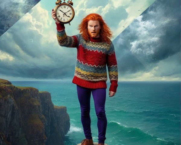 Man on Cliff with Vintage Clock and Turbulent Sea