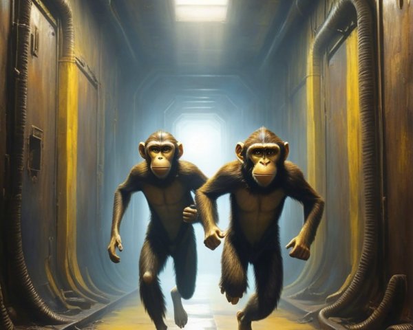 Humanoid monkeys chase a man and woman in corridor