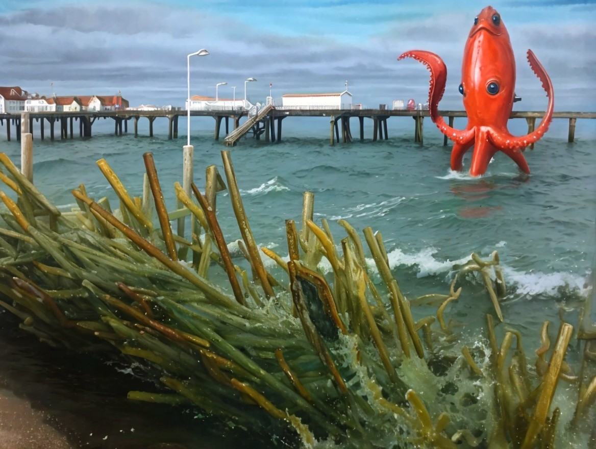 Surreal Seascape with Vibrant Orange Octopus and Pier