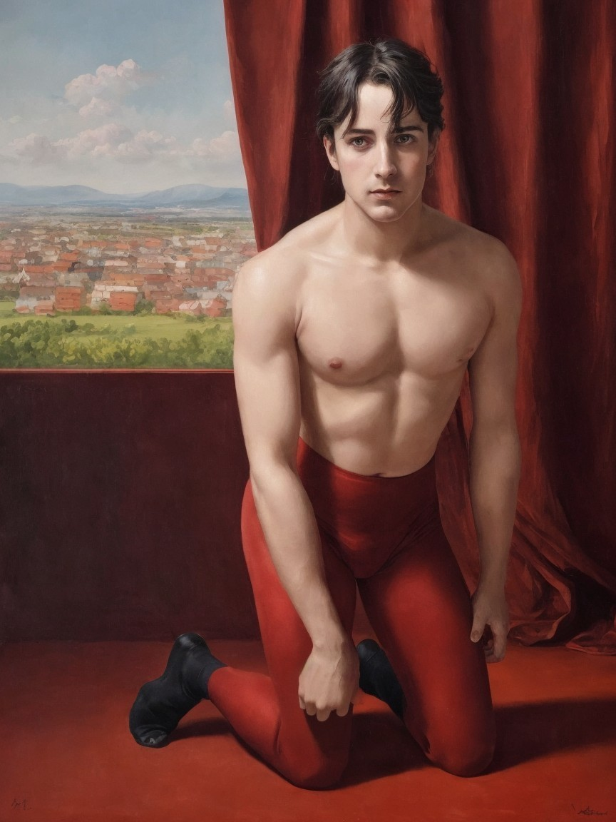 Young Male Figure Kneeling Against Red Backdrop