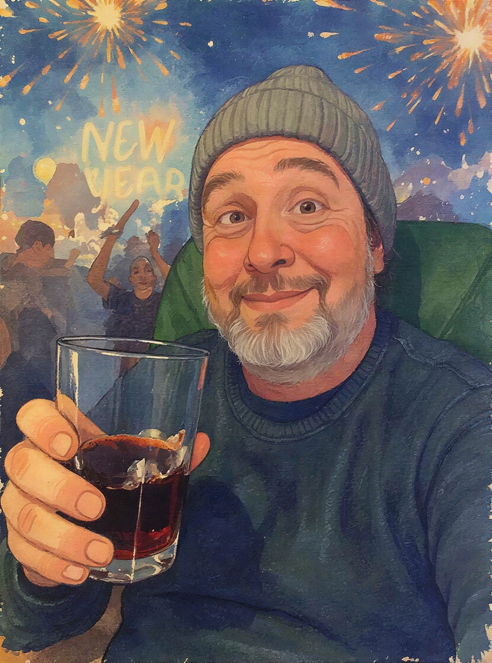 Watercolor Self-Portrait with New Year’s Celebration Background