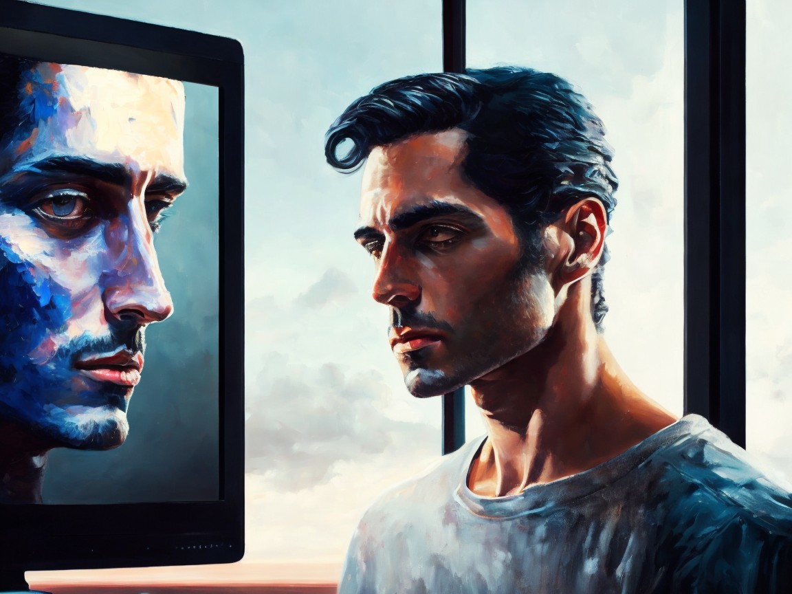 Young man contemplating abstract self-portrait on screen