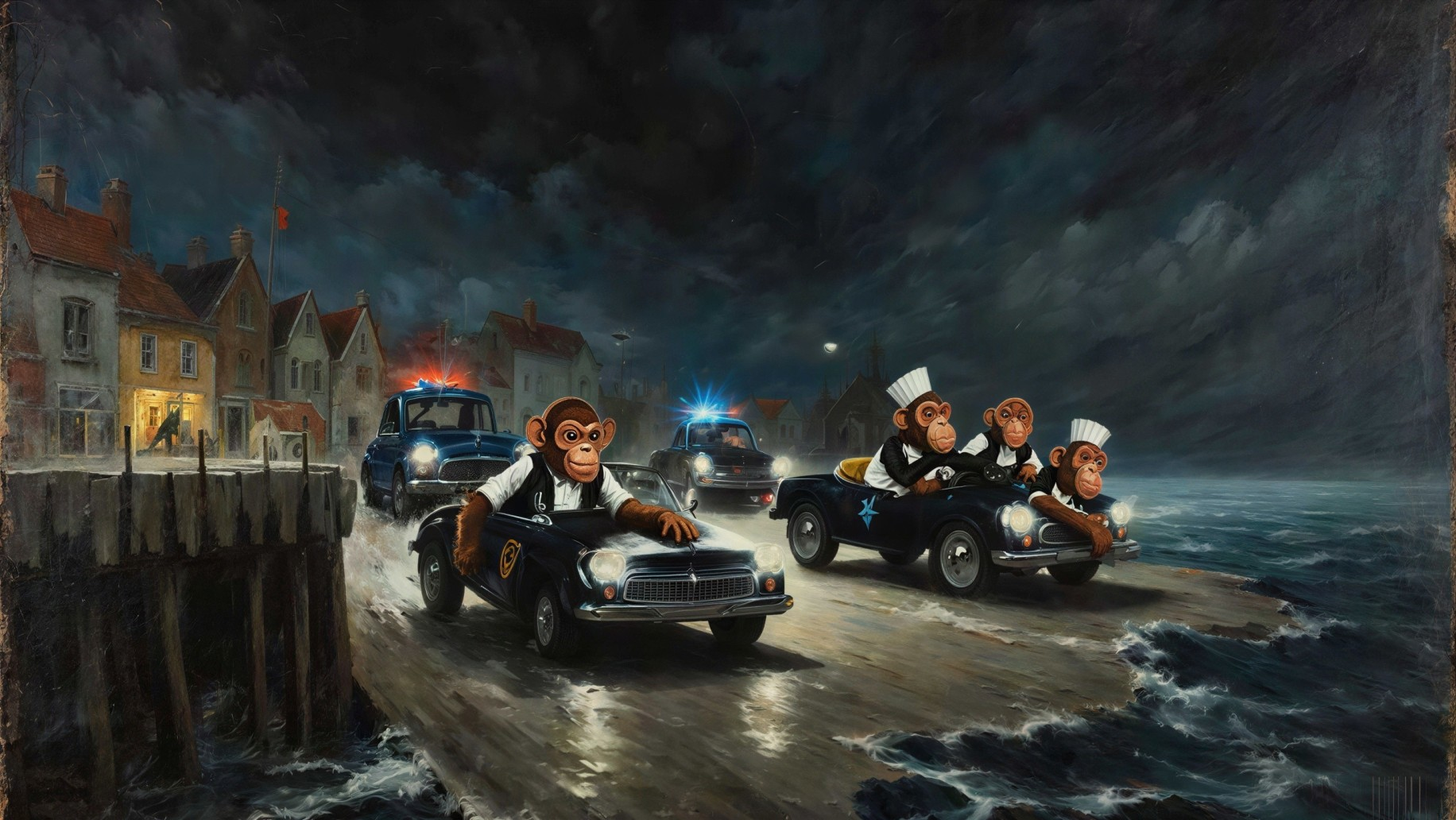 Monkeys Driving Police Vehicles in Dark Stormy Scene